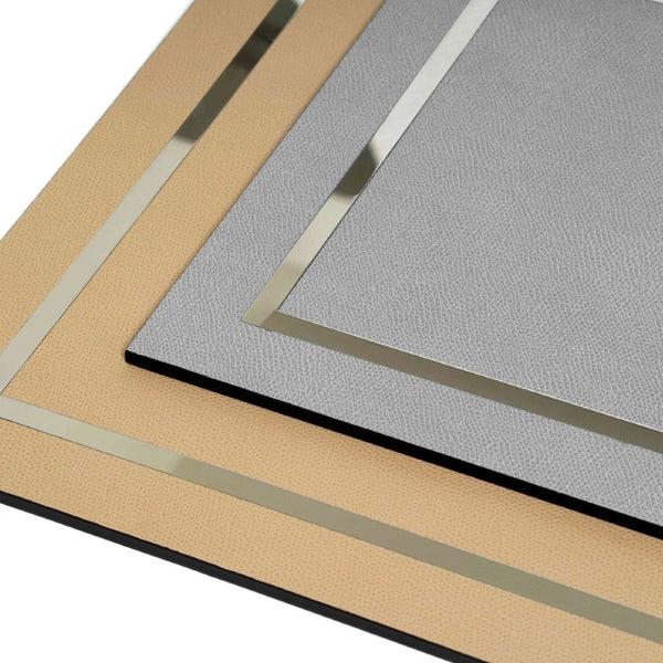 Venere luxury placemat in grey leather with chrome finish by Pinetti close-up.