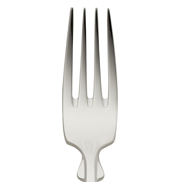 Menu fork Spaten silver-plated close-up on its tines.
