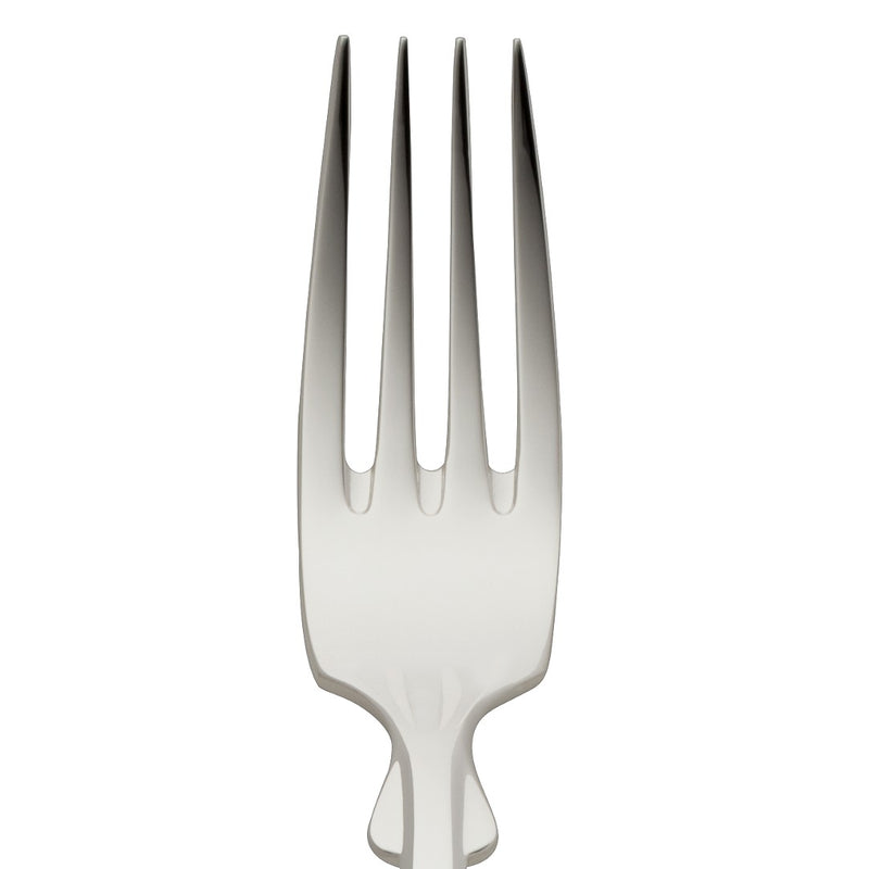 Menu fork Spaten silver-plated close-up on its tines.