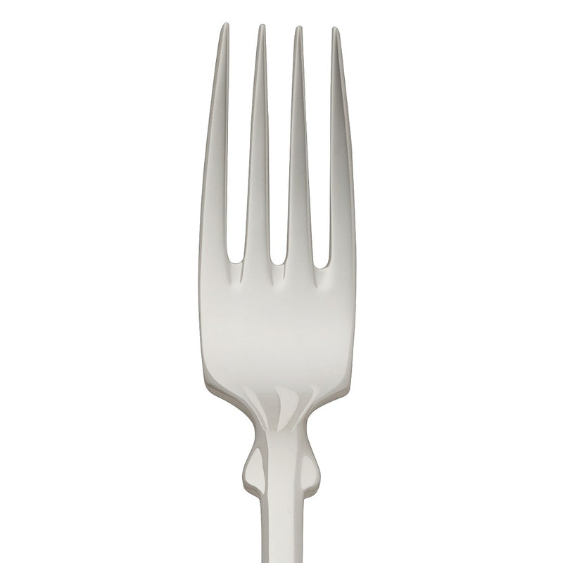 Dessert fork Spaten silver-plated close-up on its tines.