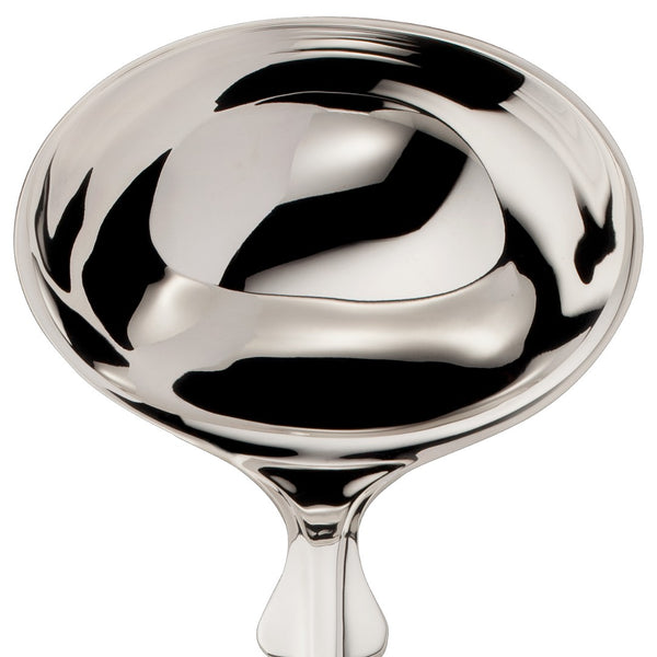Soup ladle Spaten silver-plated close-up on its wide bowl.