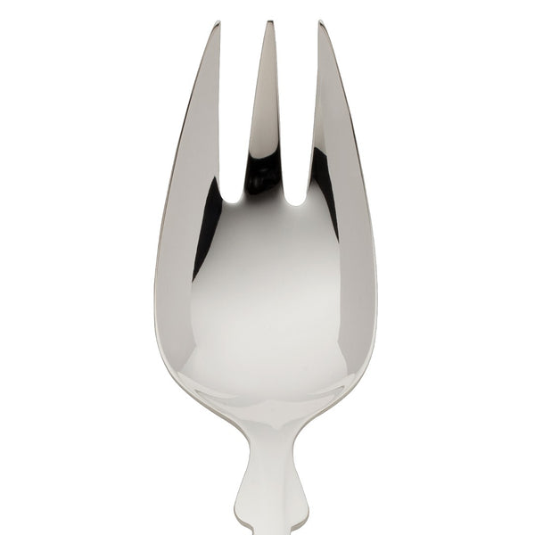 Vegetable fork Spaten silver-plated close-up on its tines.
