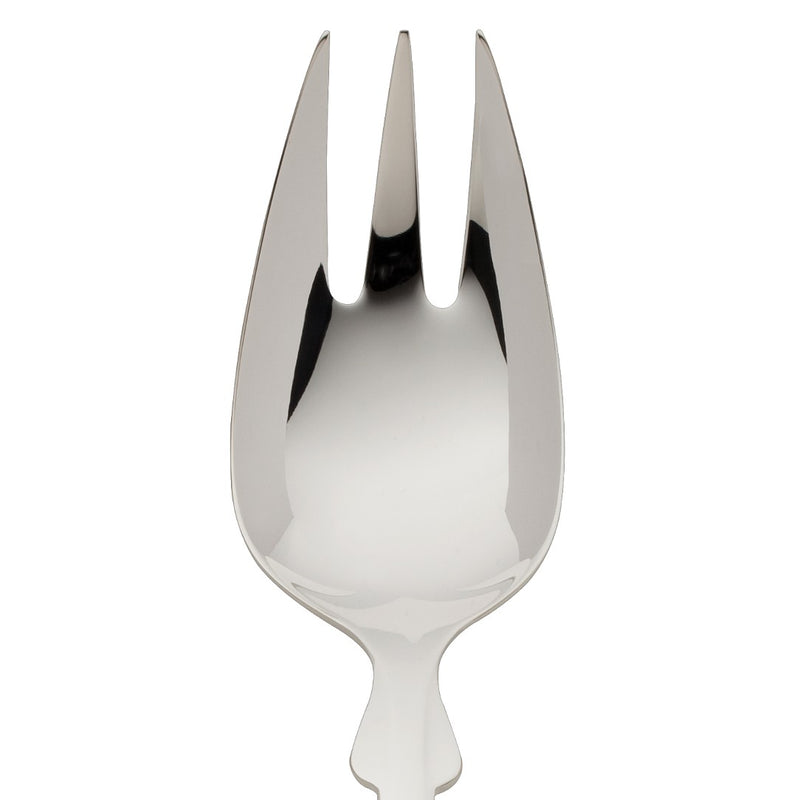 Vegetable fork Spaten silver-plated close-up on its tines.