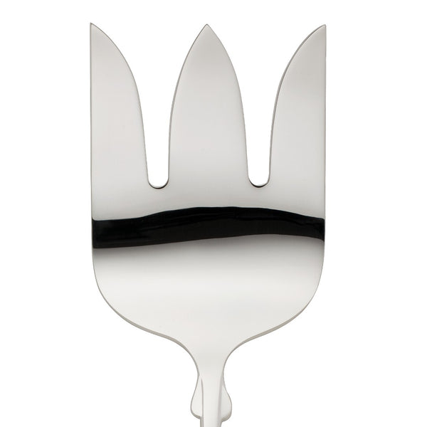 Fish serving fork Spaten silver-plated close-up on its wide tines.