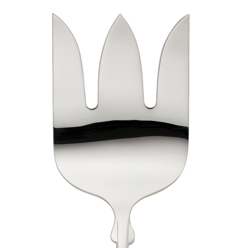 Fish serving fork Spaten silver-plated close-up on its wide tines.