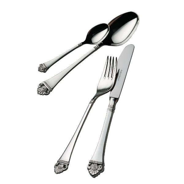 Rosenmuster silver-plated fork next to menu spoon, knife and dessert spoon.