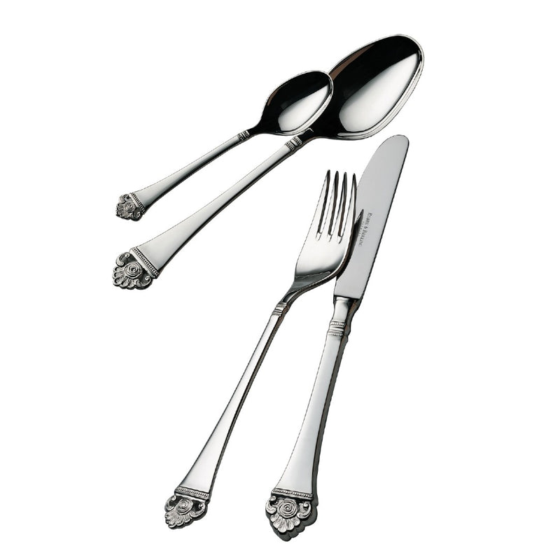 Rosenmuster silver-plated fork next to menu spoon, knife and dessert spoon.