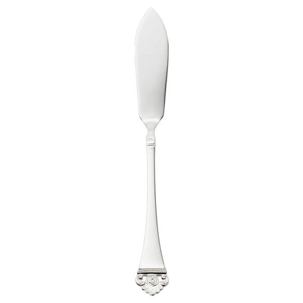 Silver-plated Rosenmuster fish knife featuring a slender blade and openwork rose handle