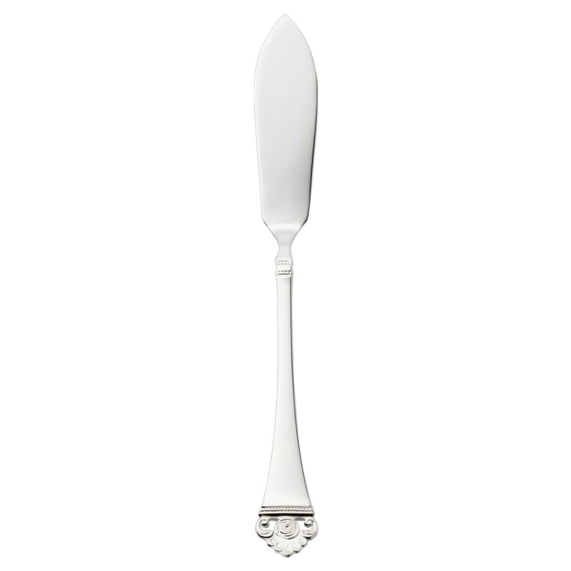 Silver-plated Rosenmuster fish knife featuring a slender blade and openwork rose handle