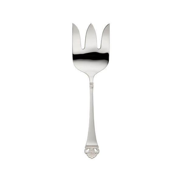 Rosenmuster silver-plated fish serving fork with broad curved prongs and ornate rose motif handle