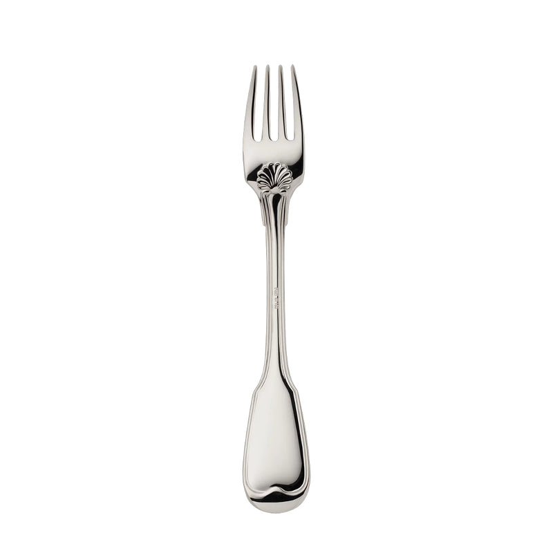 Menu fork Alt Faden silver plated with thread detailing and scalloped finish showing back of the fork.