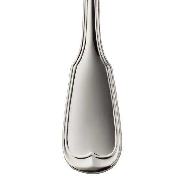 Dessert Spoon Alt-Faden silver plated contoured handle close-up.