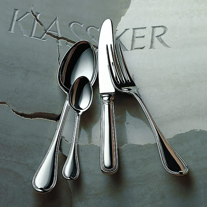 Silver-plated Französisch-Perl dessert spoon with main fork, main knife, and main spoon.