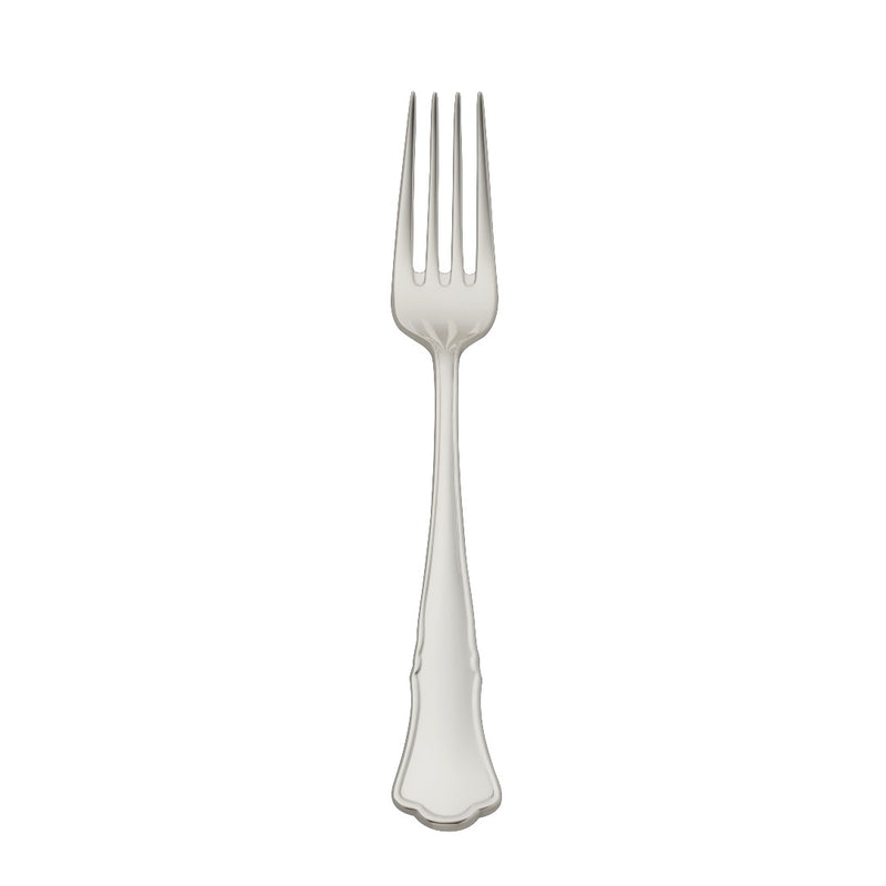 Alt Chippendale silver plated dessert fork with tapered prongs and contoured handle.