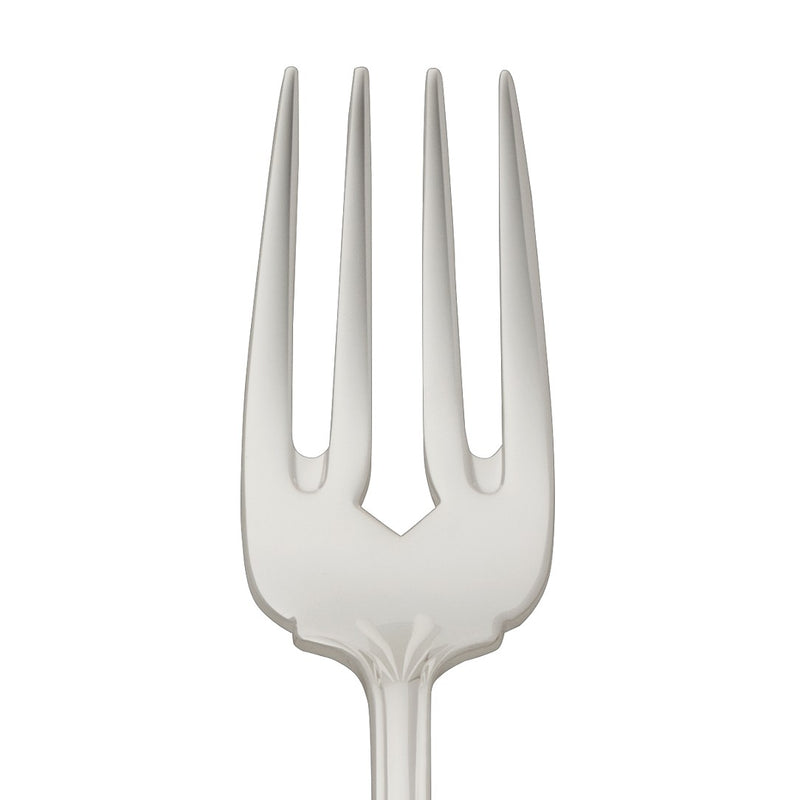 Alt Chippendale silver plated fish fork with four prongs close-up on its prongs.