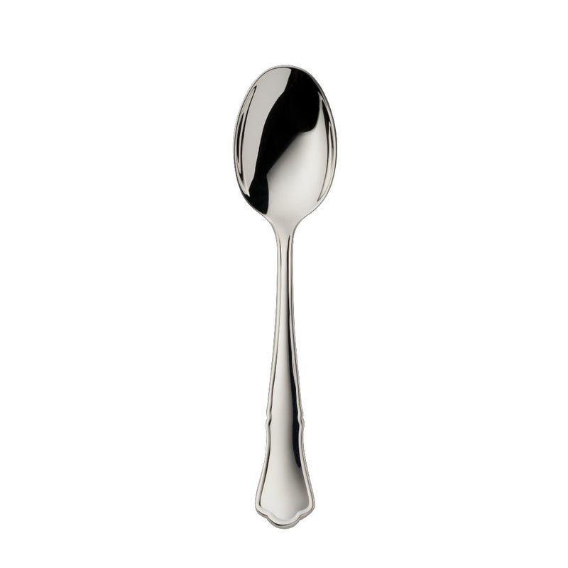 Alt Chippendale silver plated children’s spoon with rounded bowl and contoured handle.