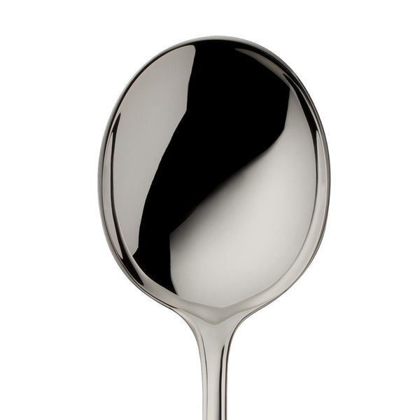 Alt Chippendale silver plated cream spoon close-up on its round bowl.