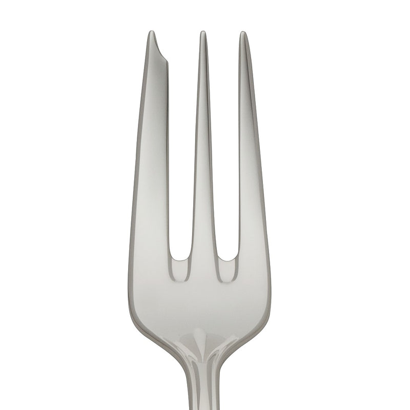 Alt Chippendale silver plated cake fork close-up on its tapered prongs.