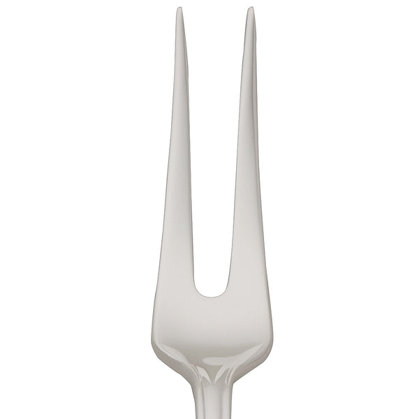 Alt Chippendale silver plated large meat fork close-up on its prongs.