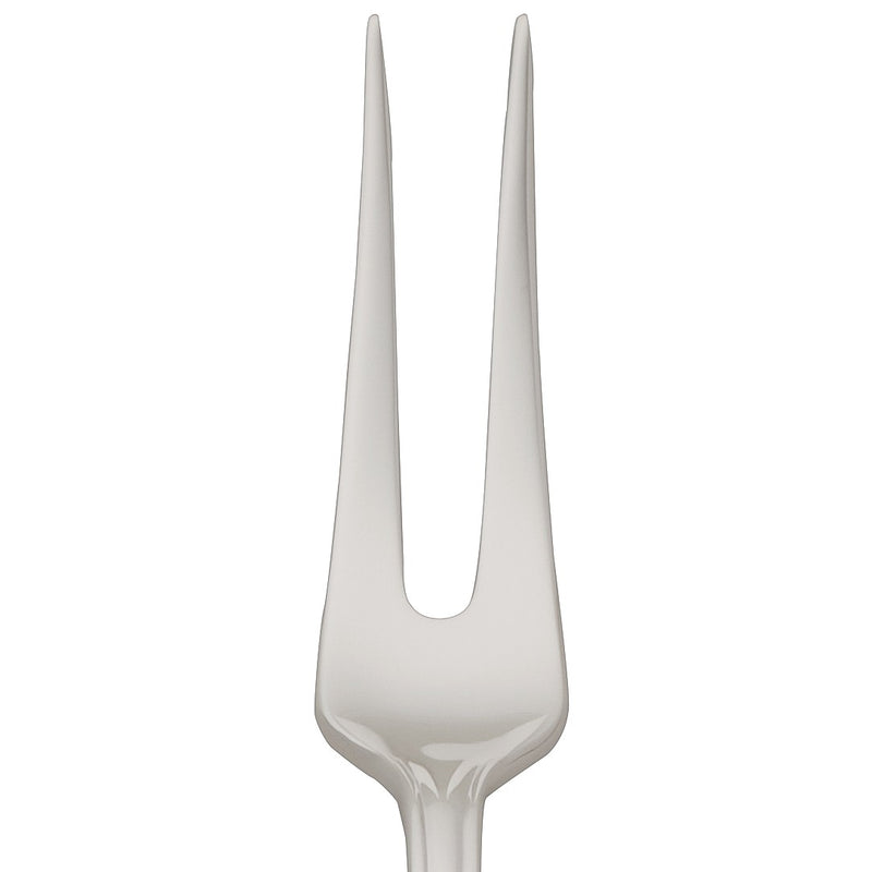 Alt Chippendale silver plated large meat fork close-up on its prongs.