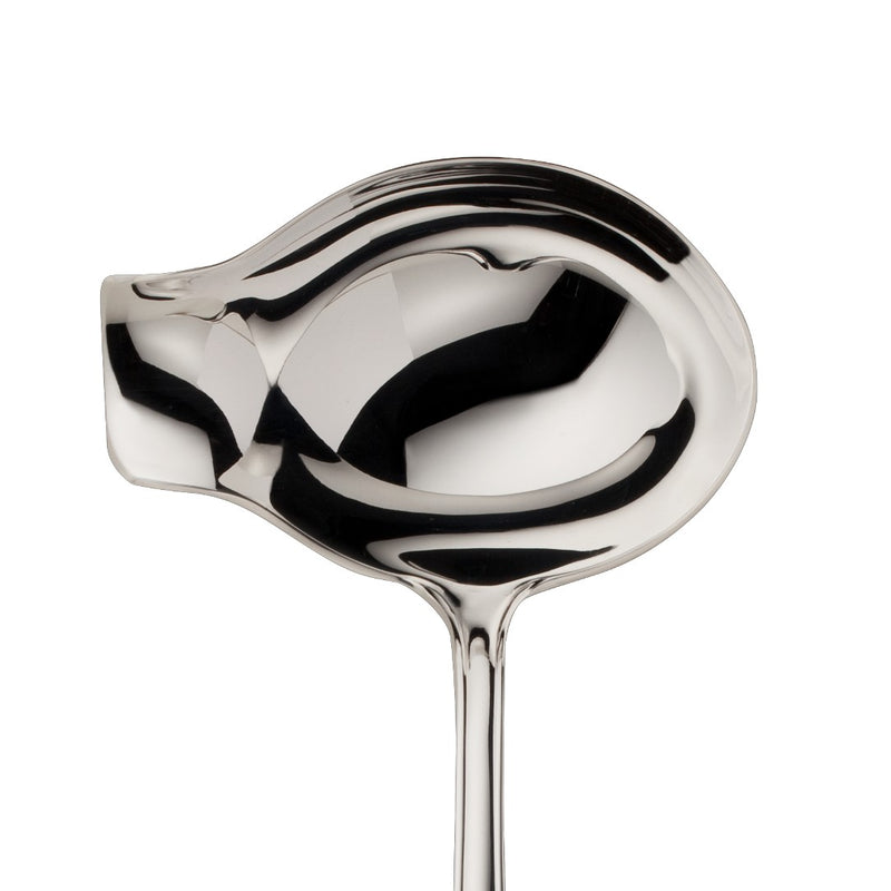 Alt Chippendale silver plated sauce ladle with deep bowl and shaped pour lip close-up.