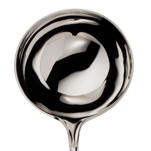 Alt Chippendale silver plated soup ladle with wide rounded bowl close-up.