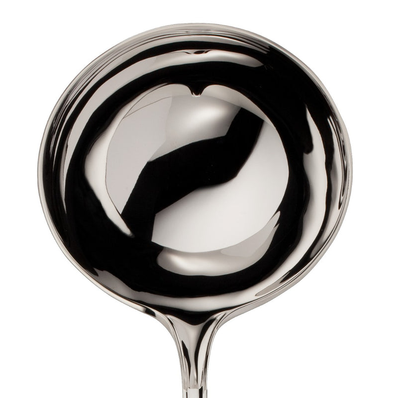 Alt Chippendale silver plated soup ladle with wide rounded bowl close-up.