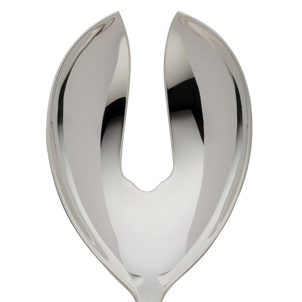 Alt Chippendale silver plated small salad serving fork close-up on its bowl.