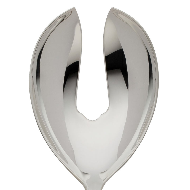Alt Chippendale silver plated small salad serving fork close-up on its bowl.