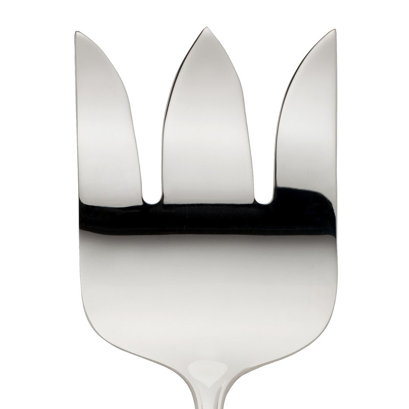 Alt Chippendale silver plated fish serving fork with wide shaped prongs close-up.
