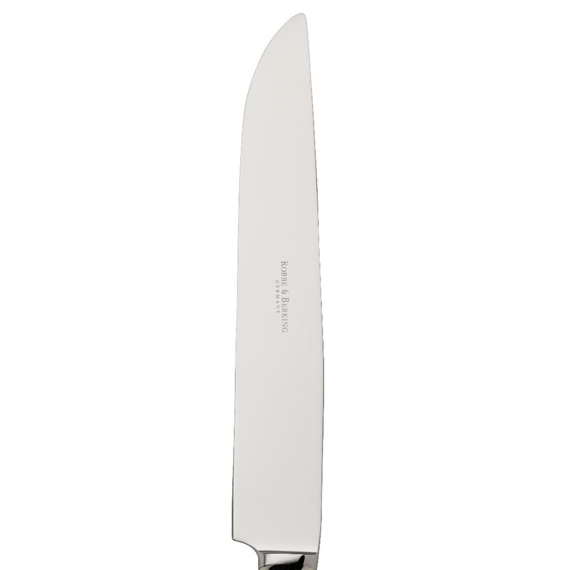 Alt Chippendale silver plated carving knife with long tapered blade close-up.
