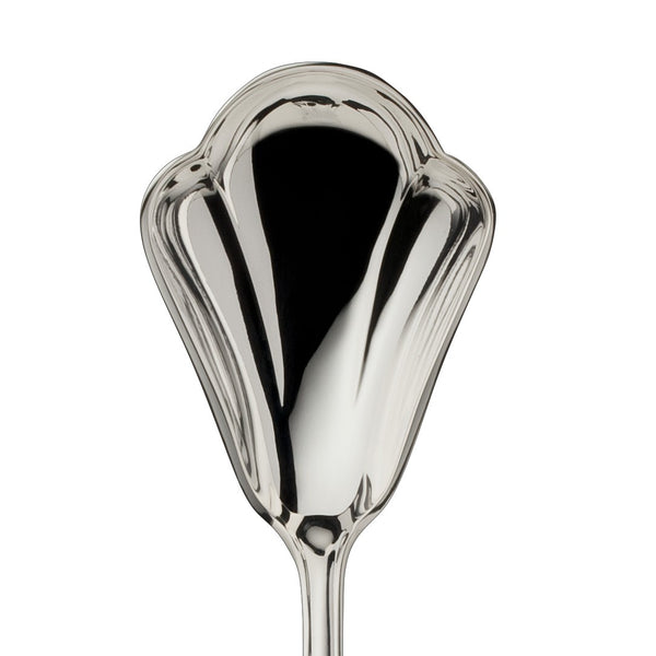 Alt Chippendale silver plated sugar spoon with rounded bowl close-up.