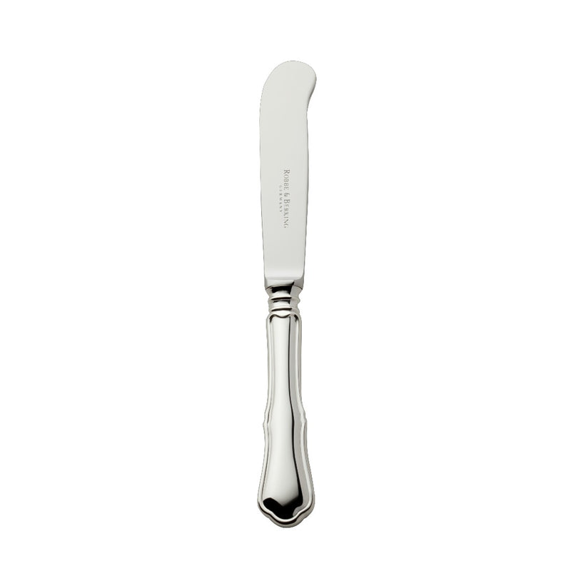 Alt Chippendale silver plated butter knife with rounded blade and contoured handle.