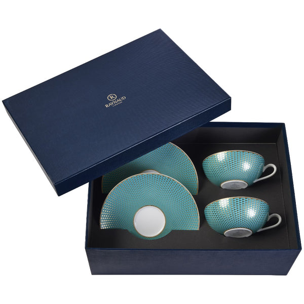 Set of 2 Tea Cups and Saucers Trésor Turquoise in a Gift Box