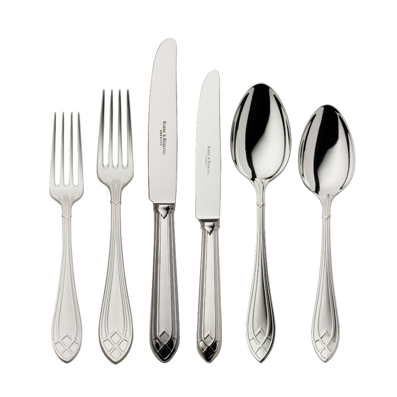 36-piece Arcade silver-plated cutlery set by Robbe & Berking with elegant decorative bands.