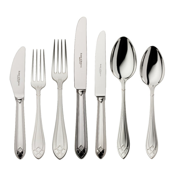 84-piece Arcade silver-plated cutlery set by Robbe & Berking with elegant decorative bands.