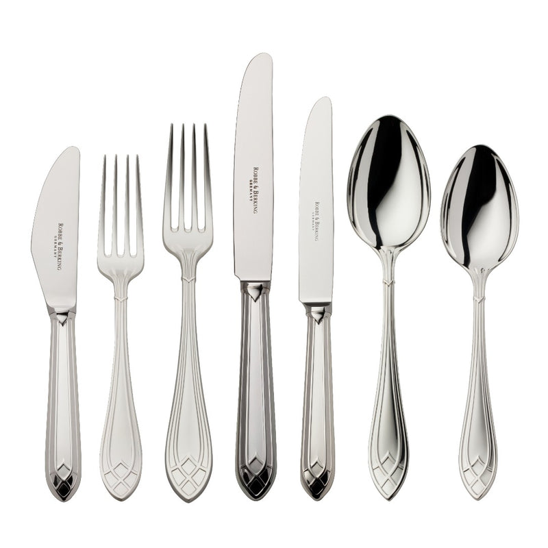 84-piece Arcade silver-plated cutlery set by Robbe & Berking with elegant decorative bands.