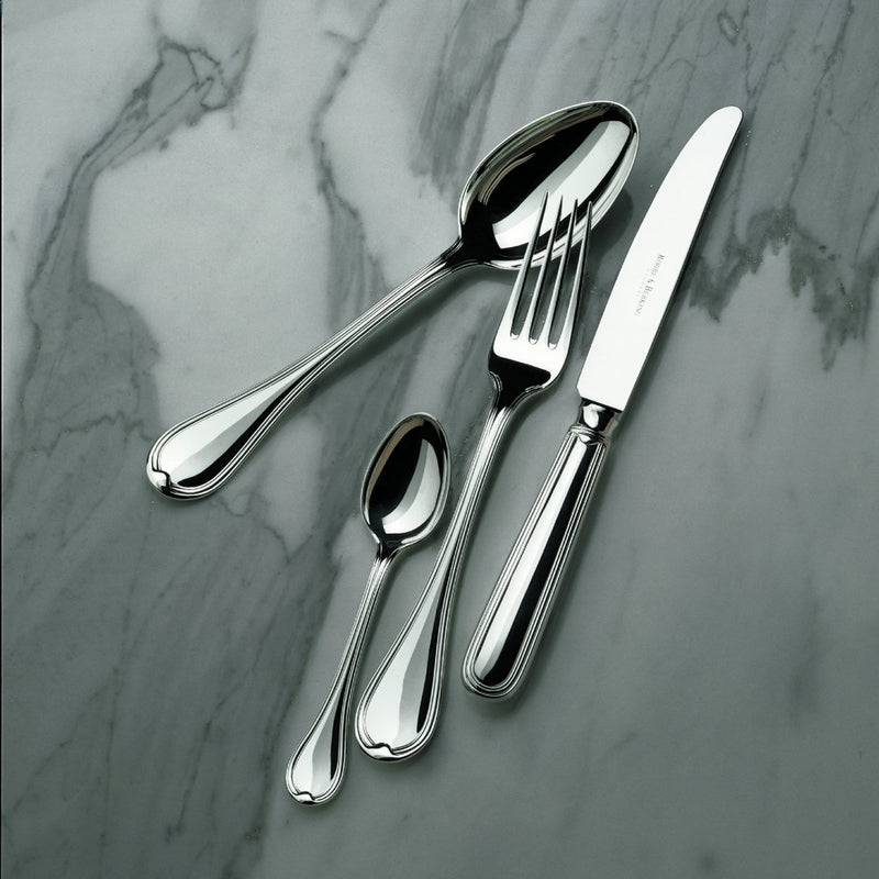 Classic-Faden silver-plated menu fork by Robbe & Berking presented with spoon and knife.