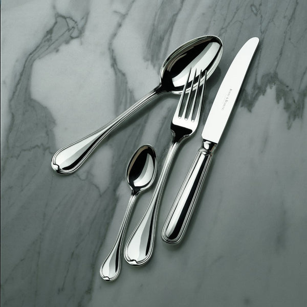 Classic-Faden silver-plated menu knife by Robbe & Berking presented next to spoon and fork.