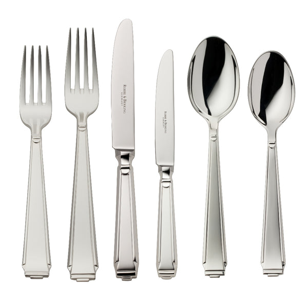 Cutlery set 36 pieces Art Deco silver-plated with geometric lines and hand-finished detailing.