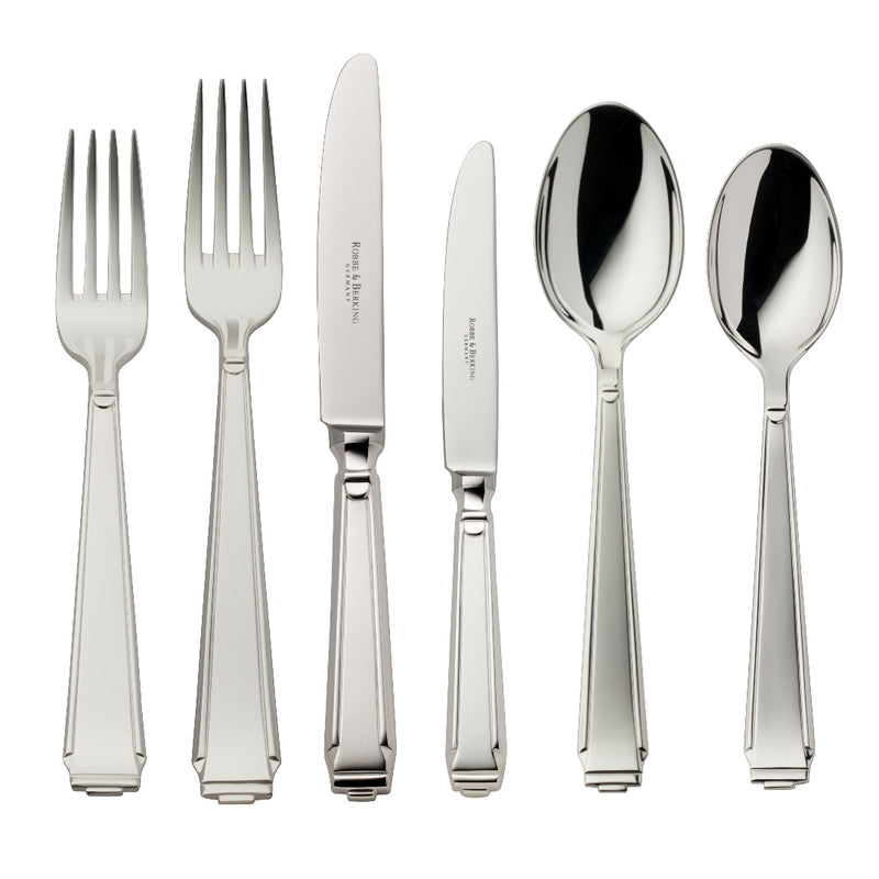 Cutlery set 36 pieces Art Deco silver-plated with geometric lines and hand-finished detailing.