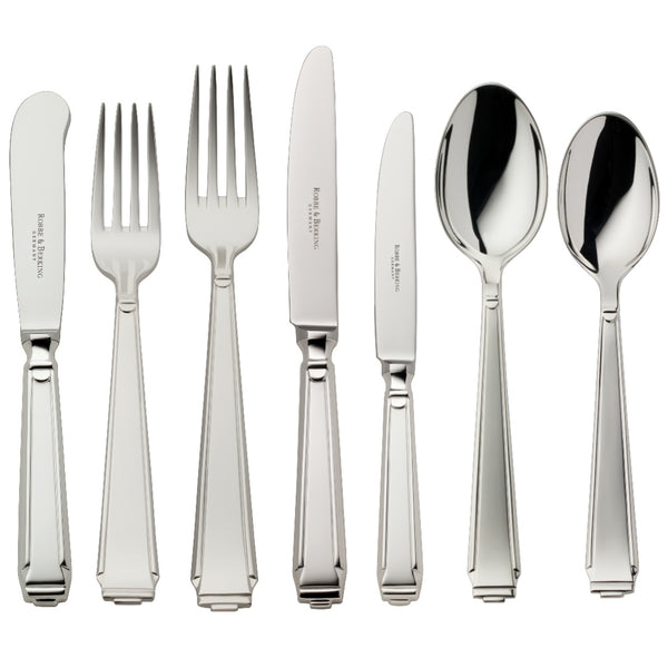 Cutlery set 84 pieces Art Deco silver-plated with geometric lines and hand-finished detailing