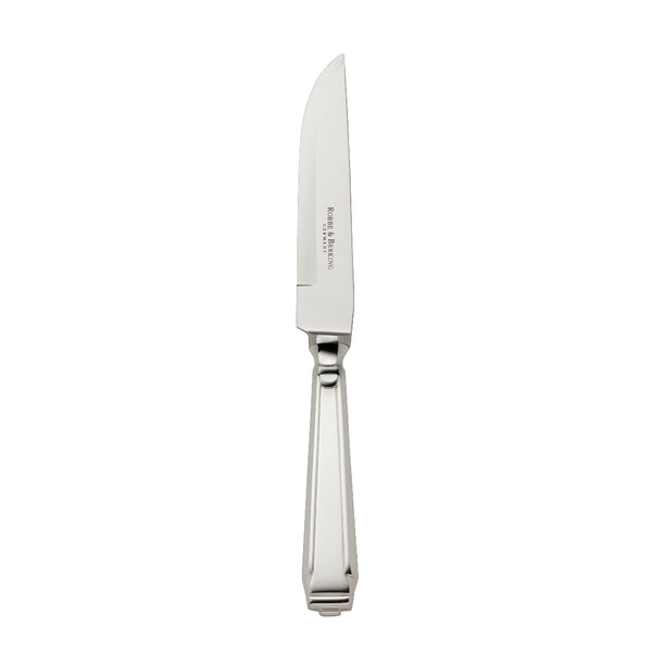 Steak knife Art Deco silver-plated with structured handle and defined blade connection.