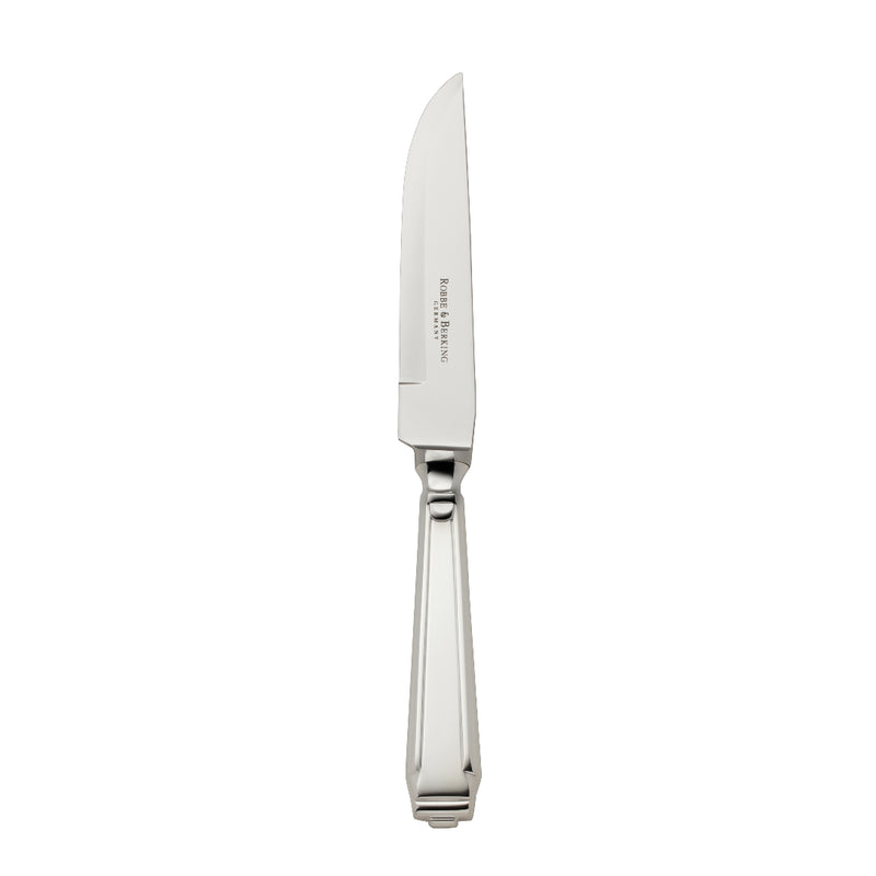 Steak knife Art Deco silver-plated with structured handle and defined blade connection.