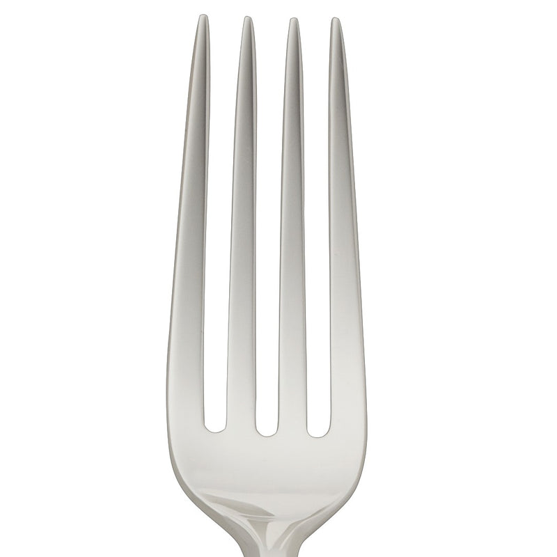 Dante silver-plated dessert fork close-up on its four thin prongs