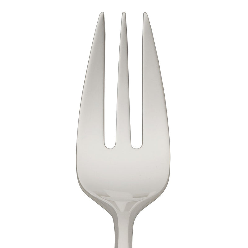 Dante silver-plated cake fork with balanced close-up on its short prongs