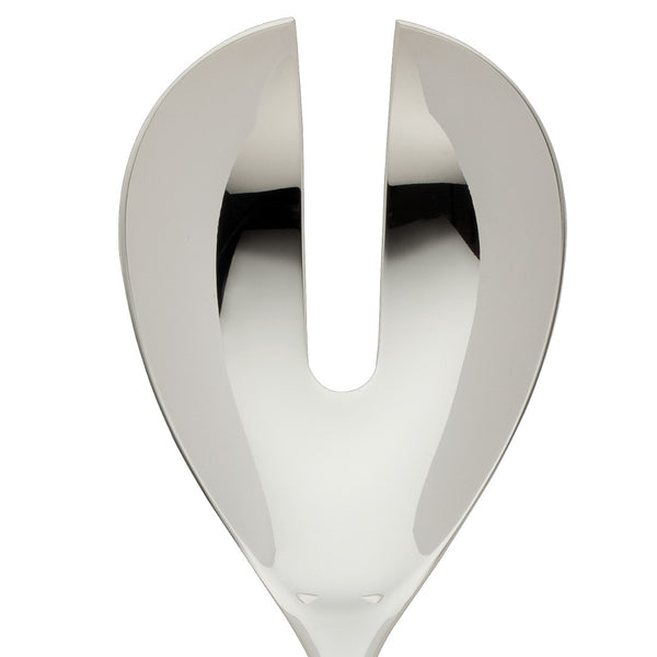 Dante silver-plated large salad serving fork close-up on its two wide prongs