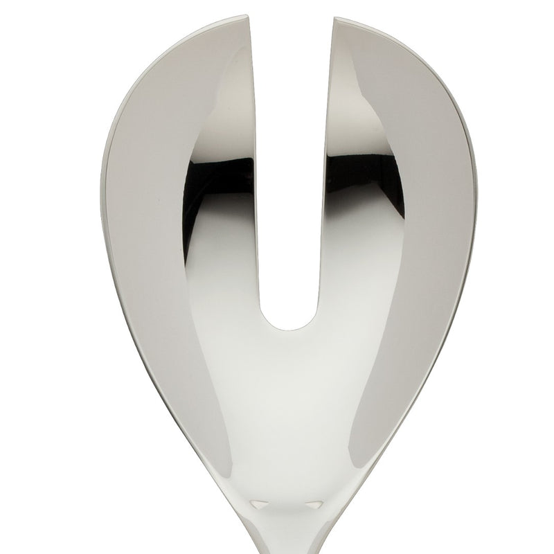 Dante silver-plated large salad serving fork close-up on its two wide prongs