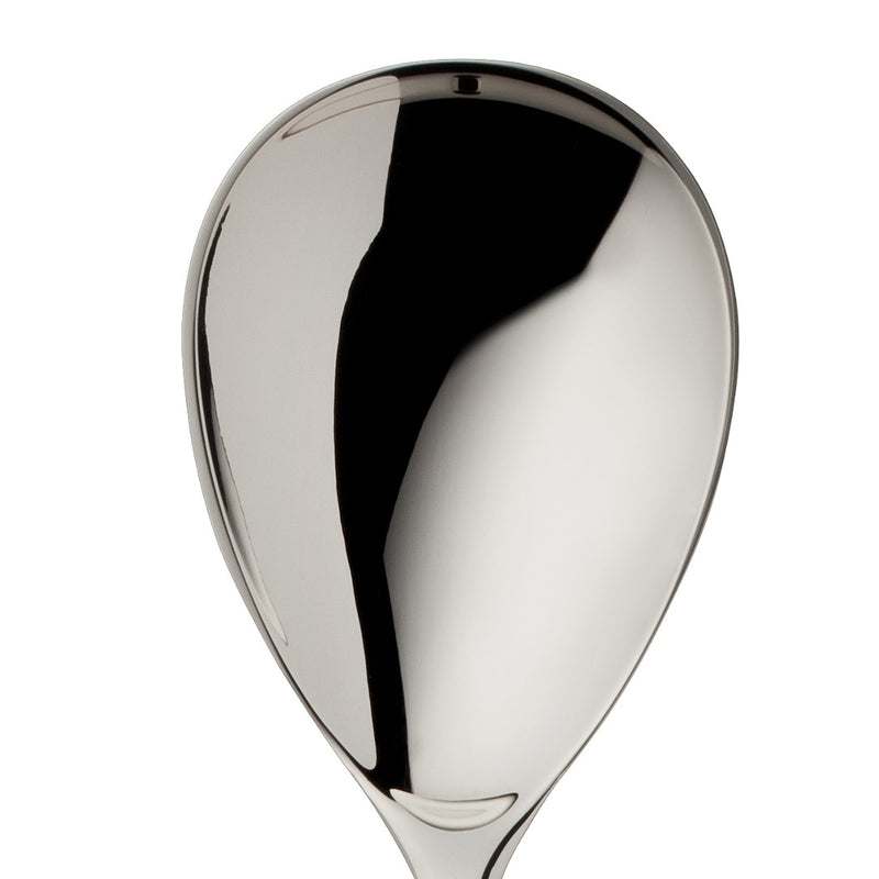 Dante silver-plated small salad serving spoon close-up on its rounded bowl