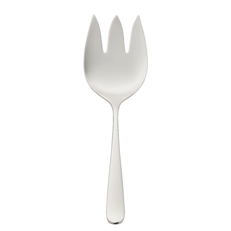 Dante silver-plated fish serving fork with three wide prongs and balanced lines